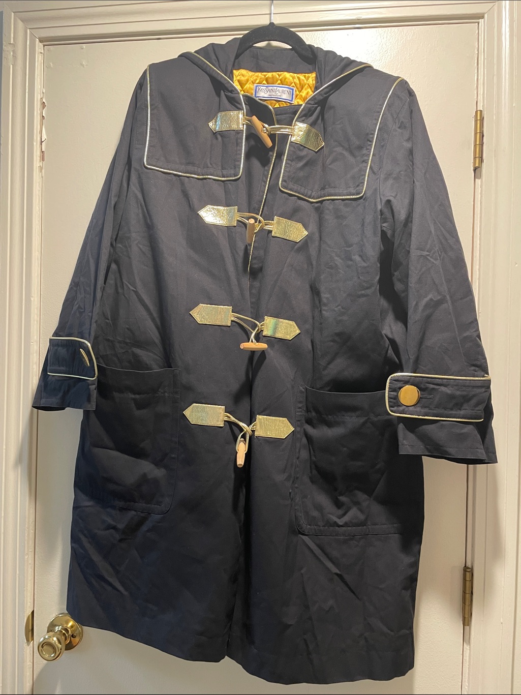 Yves Saint Laurent Vintage Navy Duffle Coat Gold Trim Quilt Lining Toggles